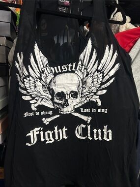 Hustler Hollywood Black Tank Top with White Skull Wing Graphic
